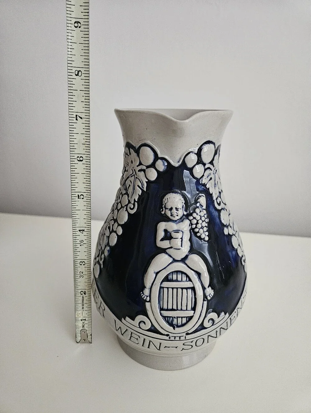 VTG German Stoneware Cobalt Blue & Gray Wine Pitcher | SZ 7